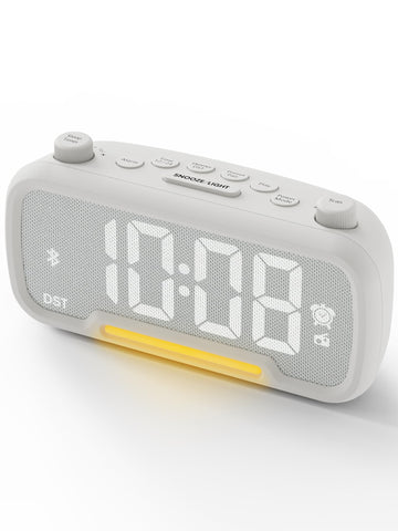 ROCAM Clock Radio front view with fabric-front design adds a modern bedside look.