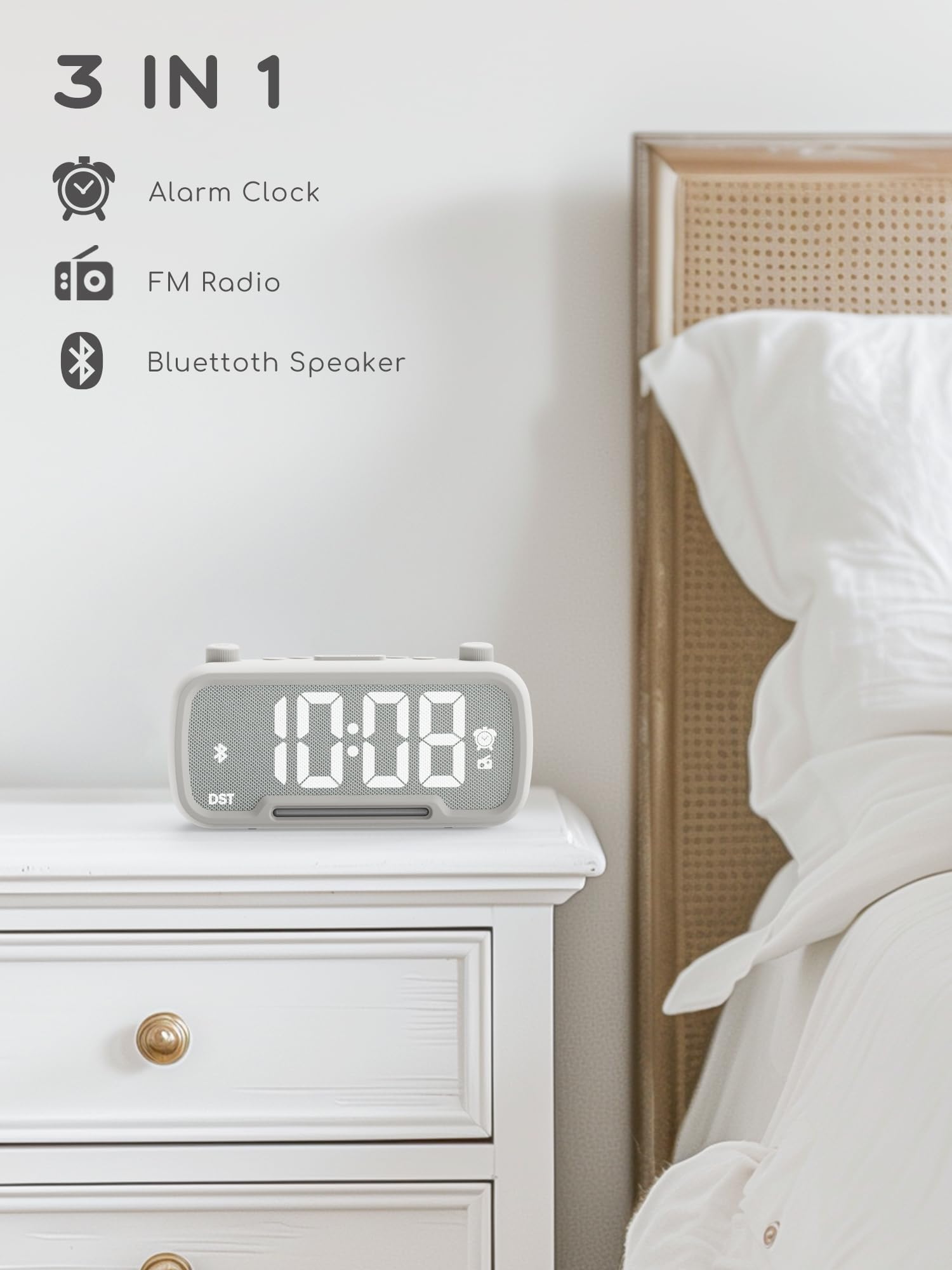 ROCAM Clock Radio top dial tuning enables easy one-handed station control.