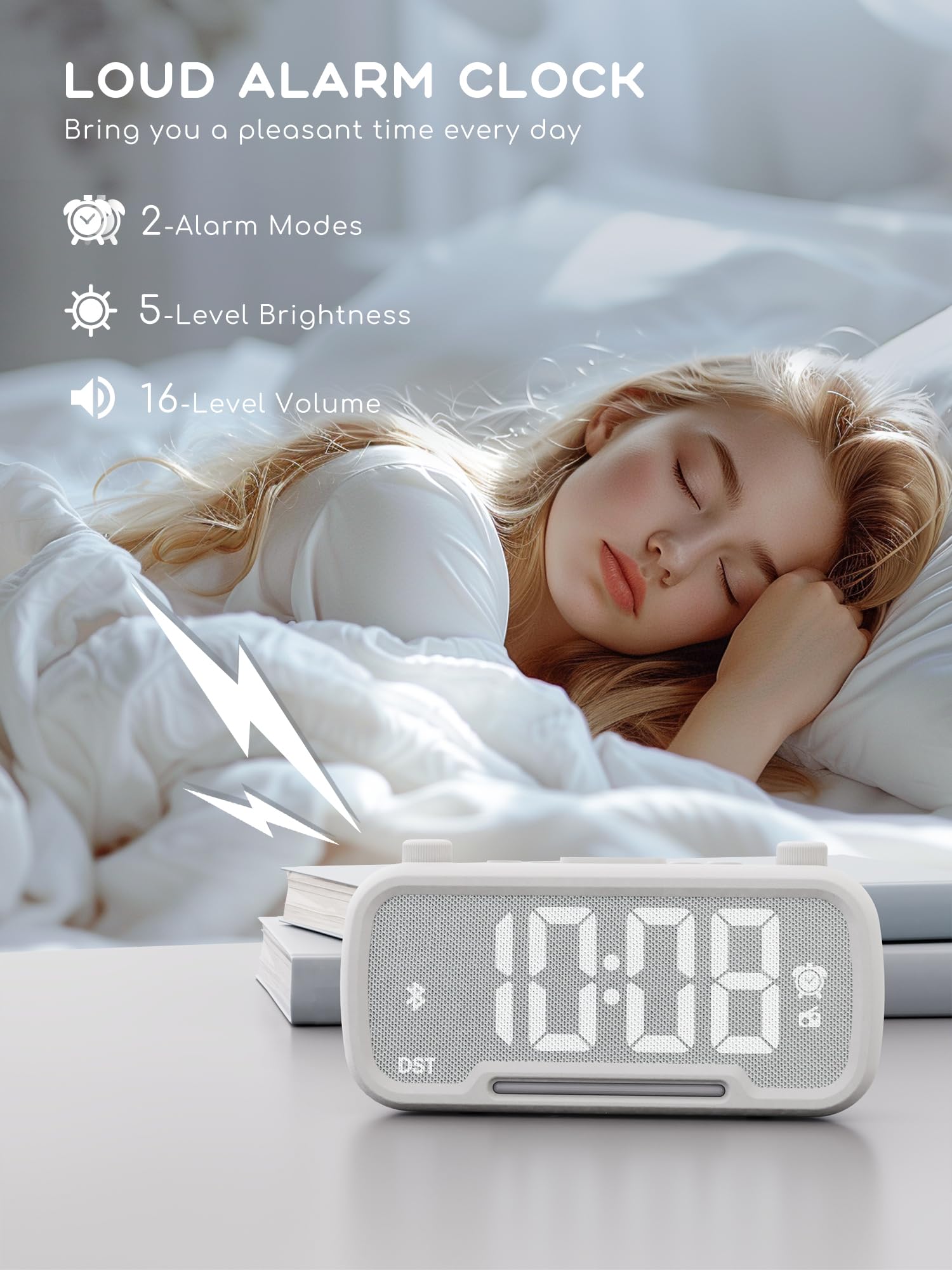 ROCAM Clock Radio USB ports offer convenient charging at the nightstand.