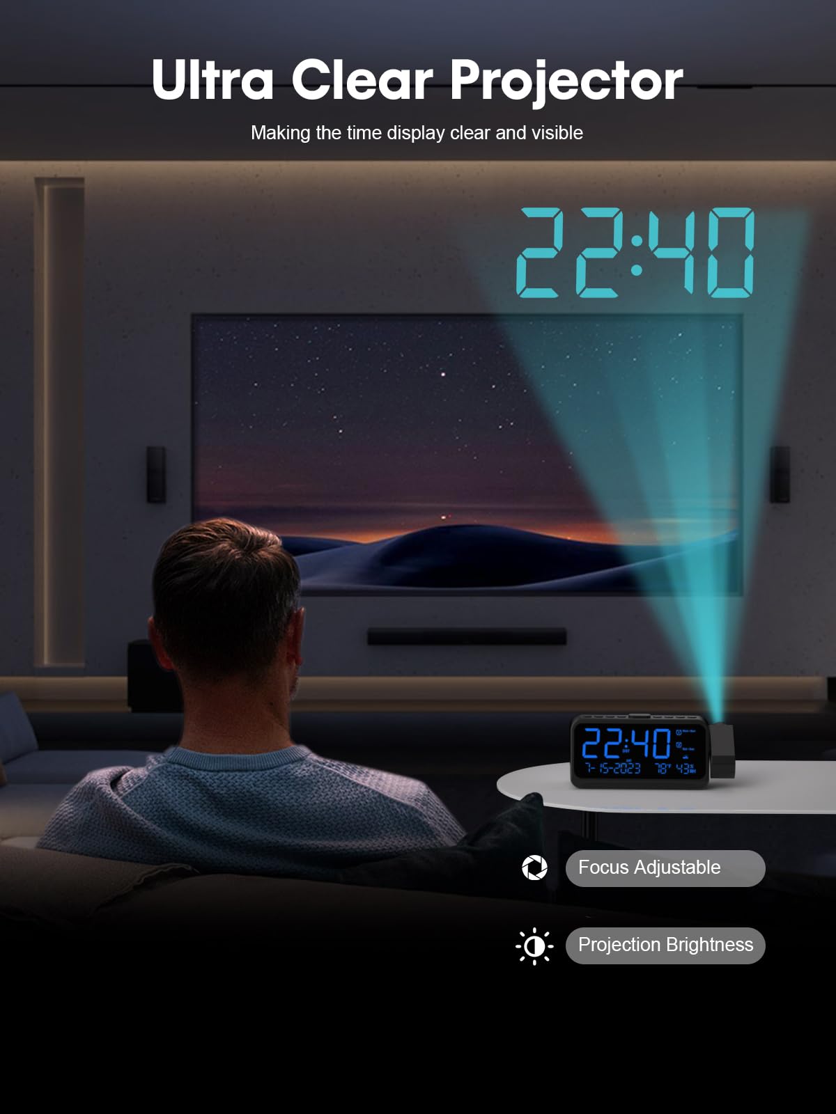 ROCAM projector swivels 350° with focus for clear wall viewing
