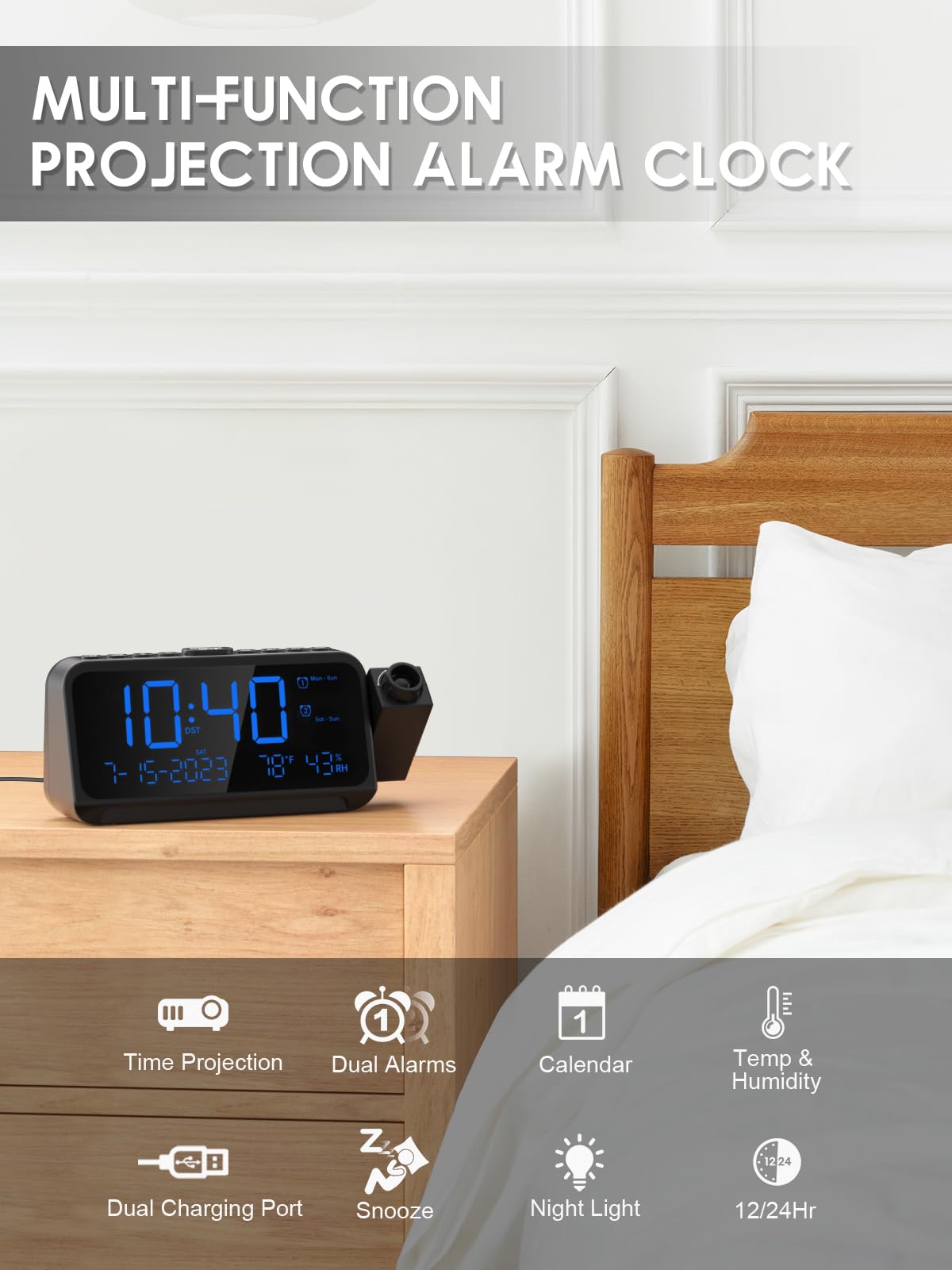 ROCAM ceiling projection onto wall provides easy time viewing from bed