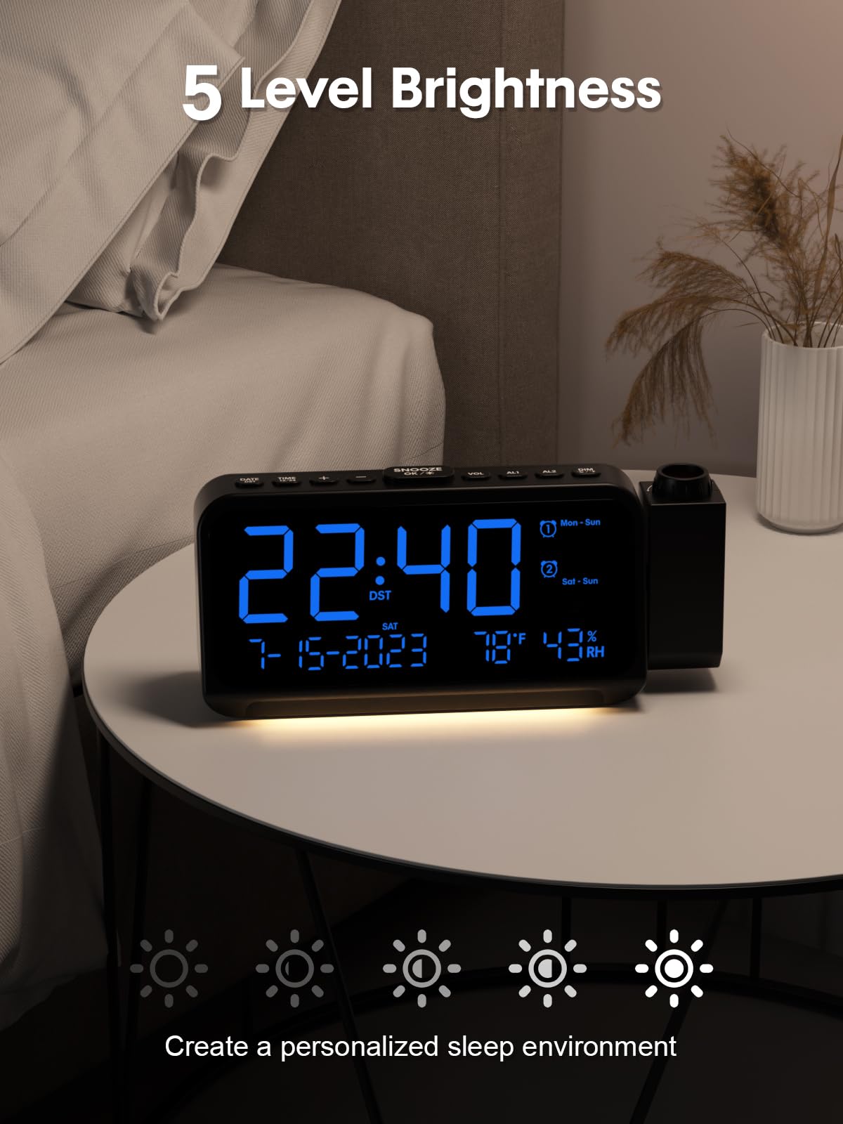 ROCAM dual alarms with snooze for weekday and weekend routines
