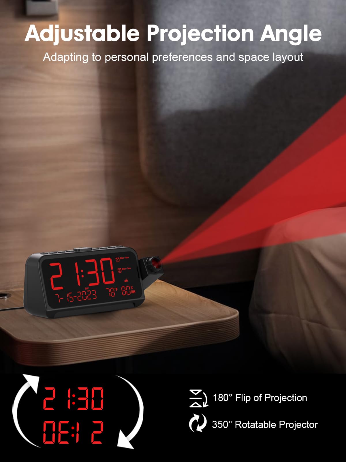 ROCAM projection clock dual alarms with weekday and weekend modes