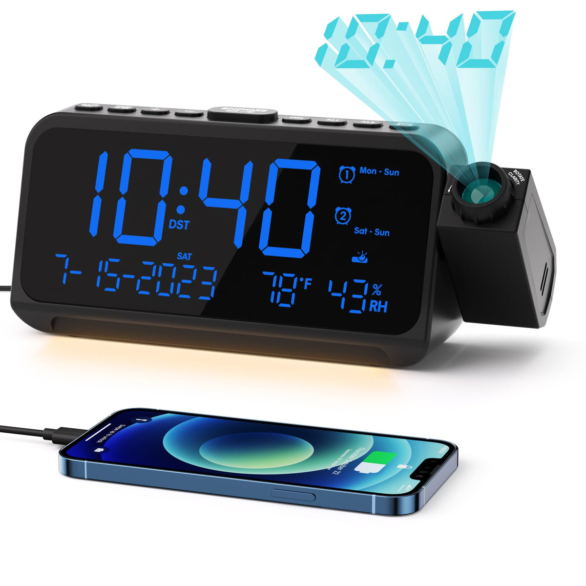 ROCAM projection clock front display shows time clearly for quick night checks
