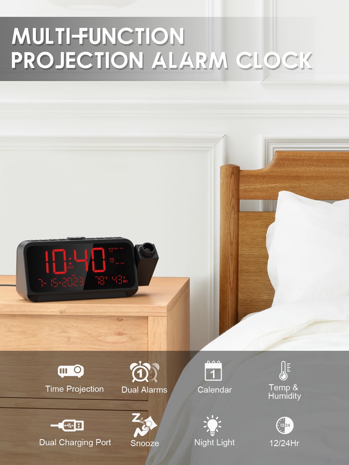 ROCAM projection clock projector brightness control for comfortable ceiling viewing