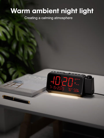ROCAM projection clock temperature and humidity display for room awareness