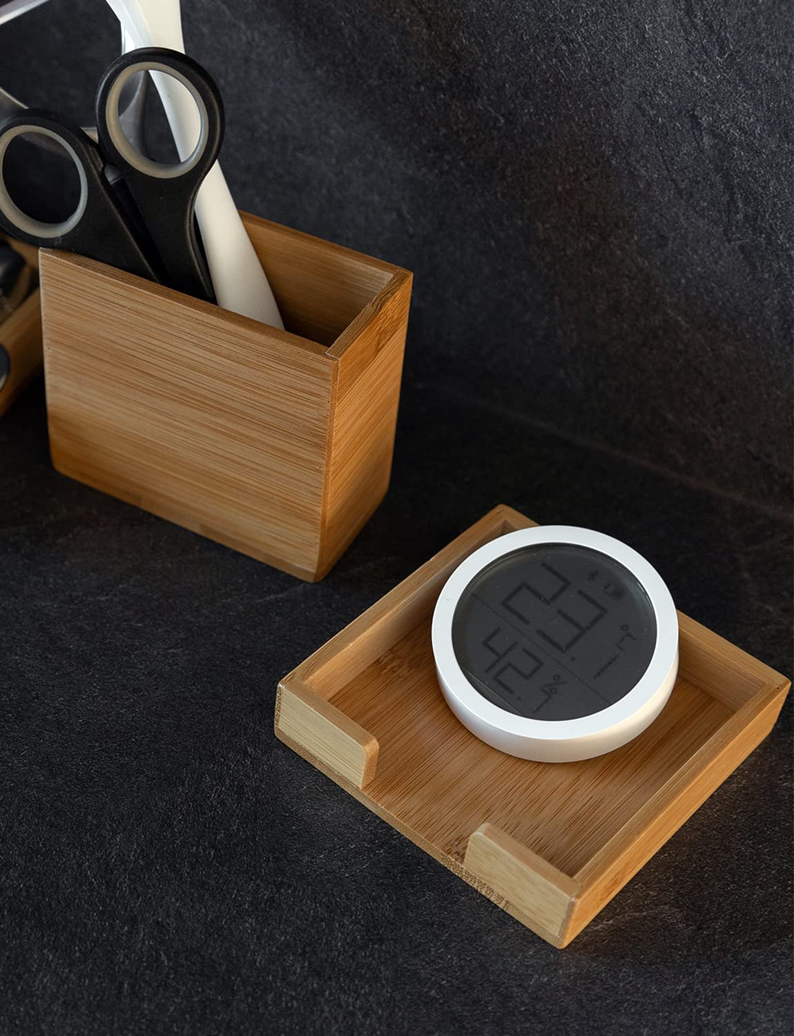 ROCDEER bamboo vanity tray stacked layout on vanity counter