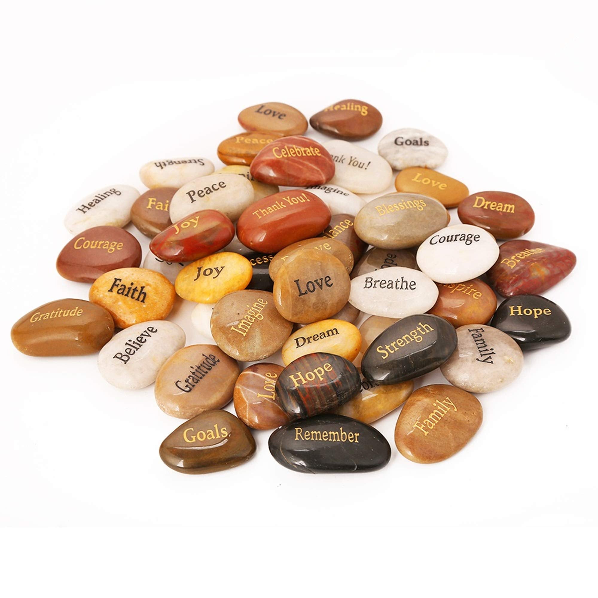RockImpact engraved rocks set of 50 with varied words for daily motivation.