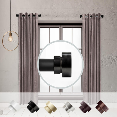 Rod Desyne black finials on a 1-inch rod for decorative detail.