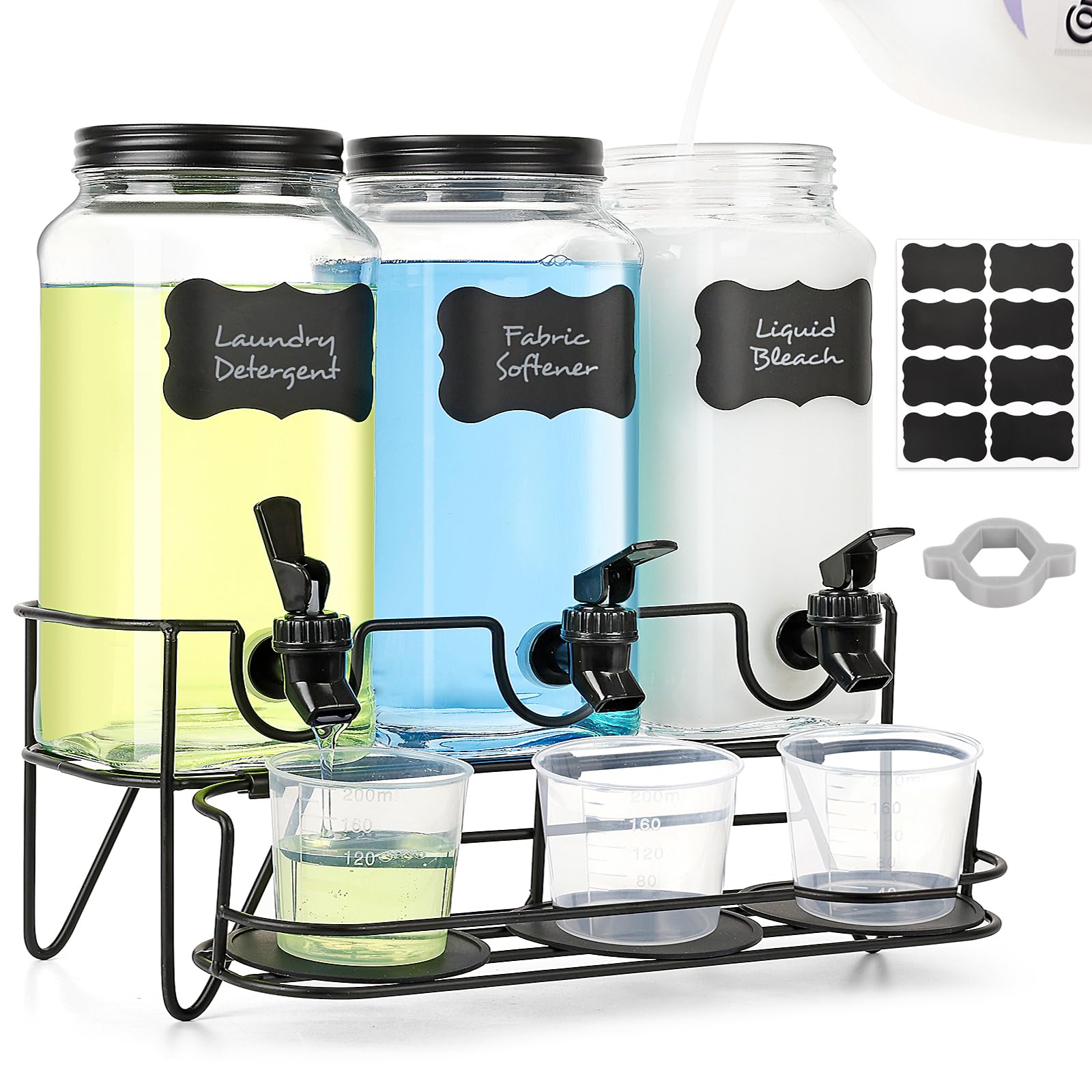Roetell 3-set glass detergent dispensers with stand keep laundry space organized.