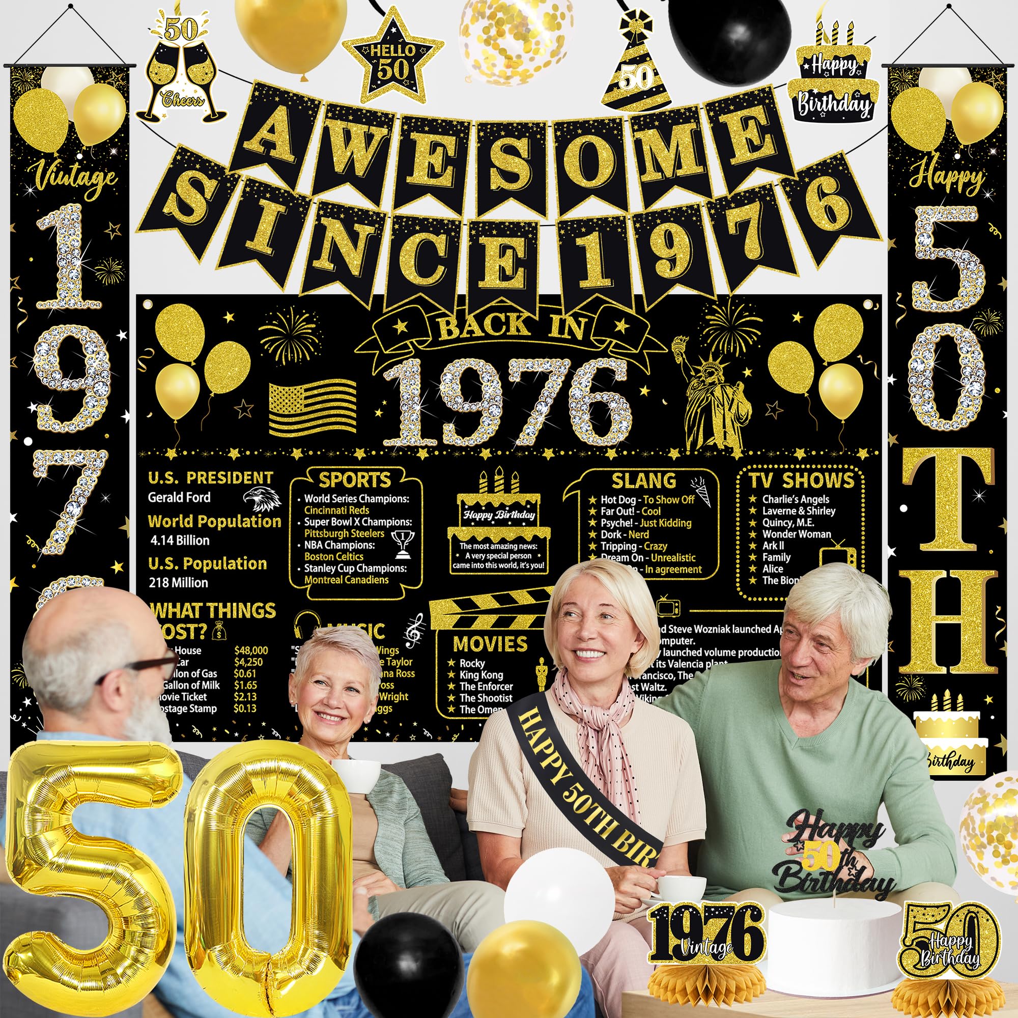 Roetyce gold number 50 balloons illuminate the party visuals.