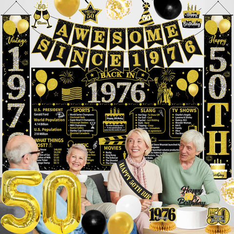 Roetyce gold number 50 balloons illuminate the party visuals.