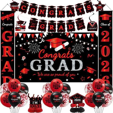 Roetyce graduation backdrop in black and red creates a bold photo backdrop for memories