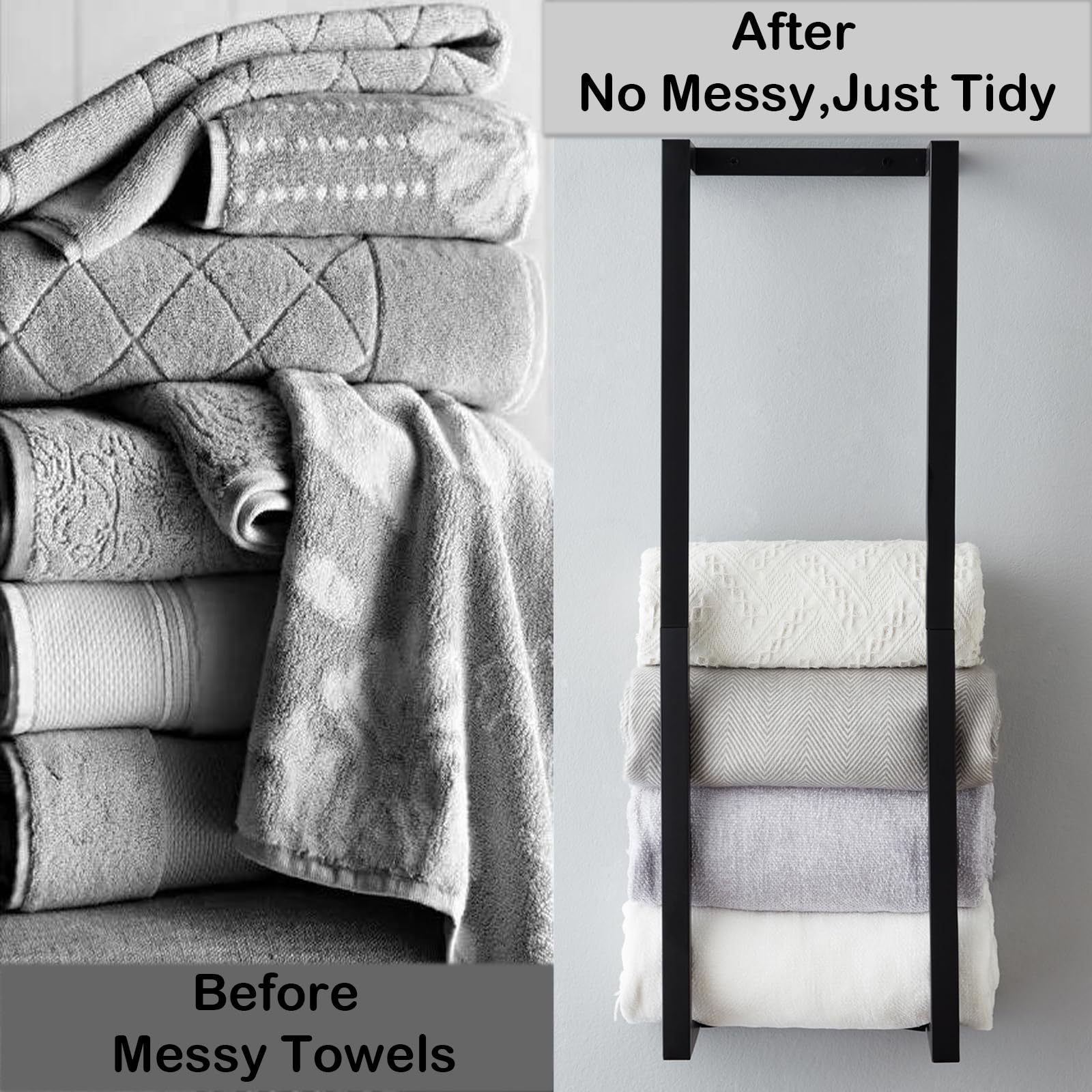 Roeveca bathroom organizer in black metal keeps towels within reach.