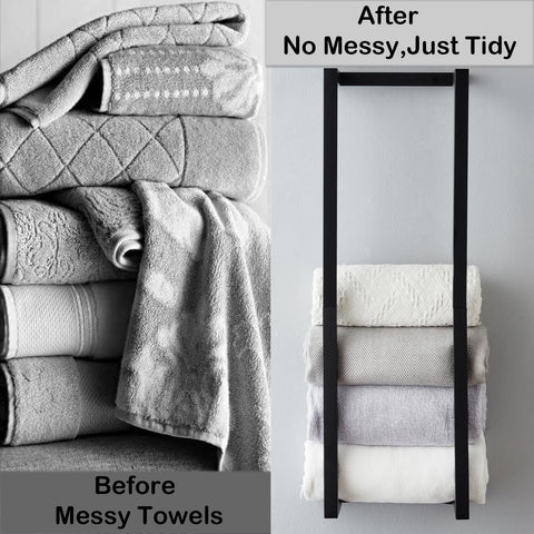 Roeveca bathroom organizer in black metal keeps towels within reach.