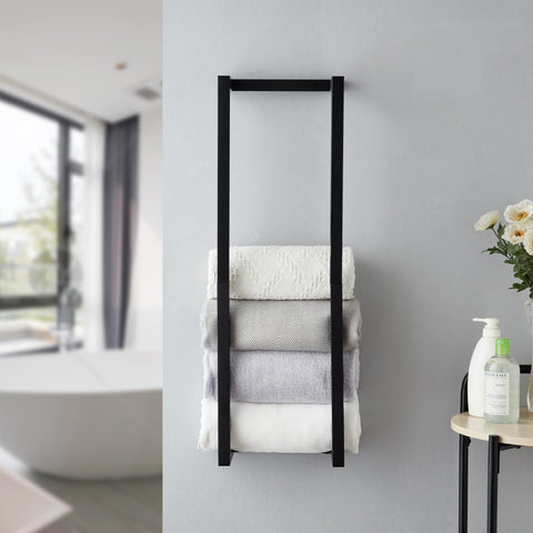 Roeveca easy-install towel rack in black supports quick organization.