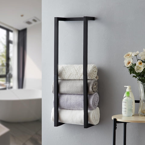 Roeveca towel rack for rolled towels, black wall mount saves space.