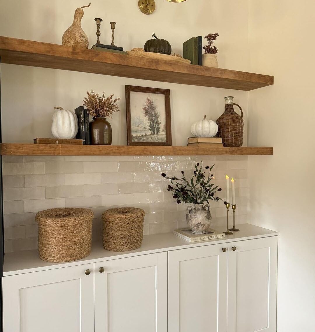 ROGMARS 36-inch walnut floating shelf front view shows rich grain and hidden brackets for clean lines