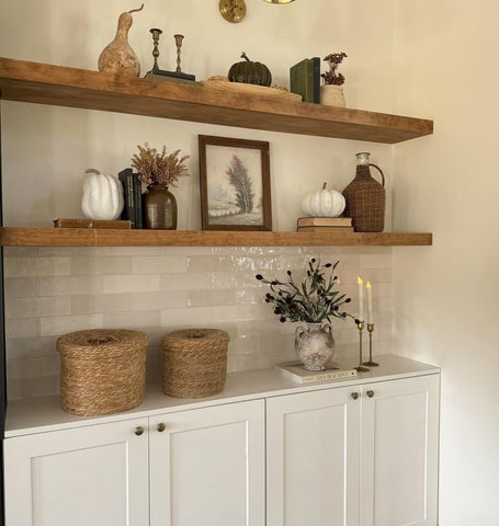 ROGMARS 36-inch walnut floating shelf front view shows rich grain and hidden brackets for clean lines