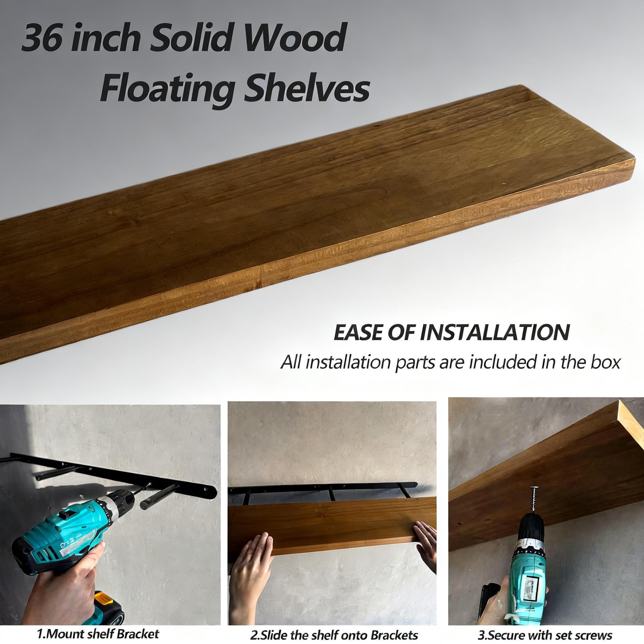 ROGMARS walnut floating shelf 36-inch side view highlights slim profile and wall-mounted elegance