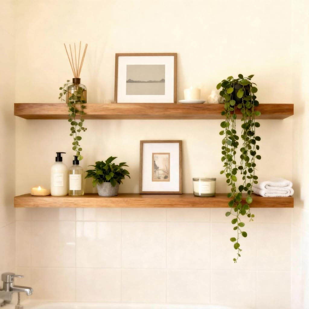 ROGMARS bedroom decor on a walnut floating shelf adding warmth to a sleeping area