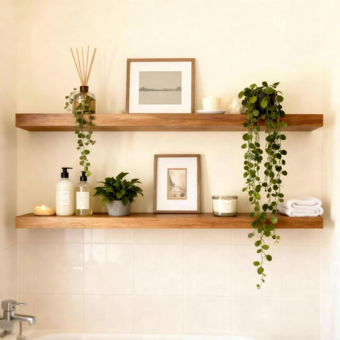 ROGMARS bedroom decor on a walnut floating shelf adding warmth to a sleeping area