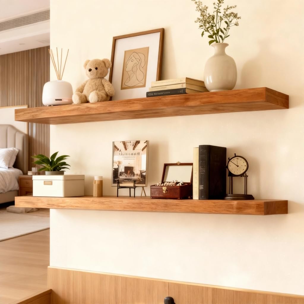 ROGMARS kitchen storage on a 36-inch walnut floating shelf for organized spices and jars