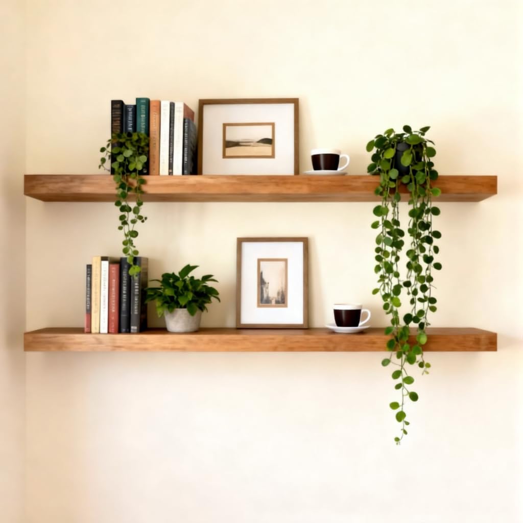 Two ROgMARS walnut floating shelves in a hallway delivering balanced symmetry and extra storage