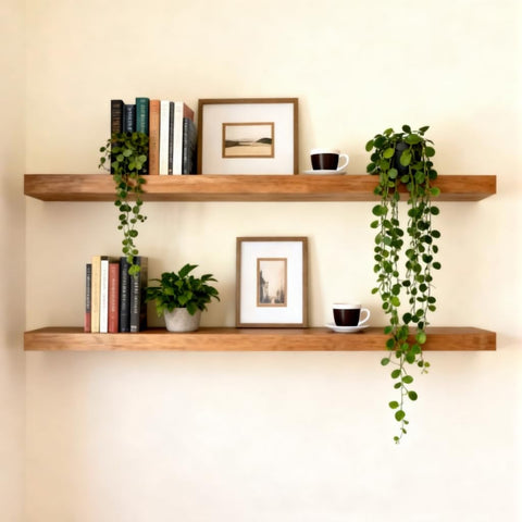 Two ROgMARS walnut floating shelves in a hallway delivering balanced symmetry and extra storage