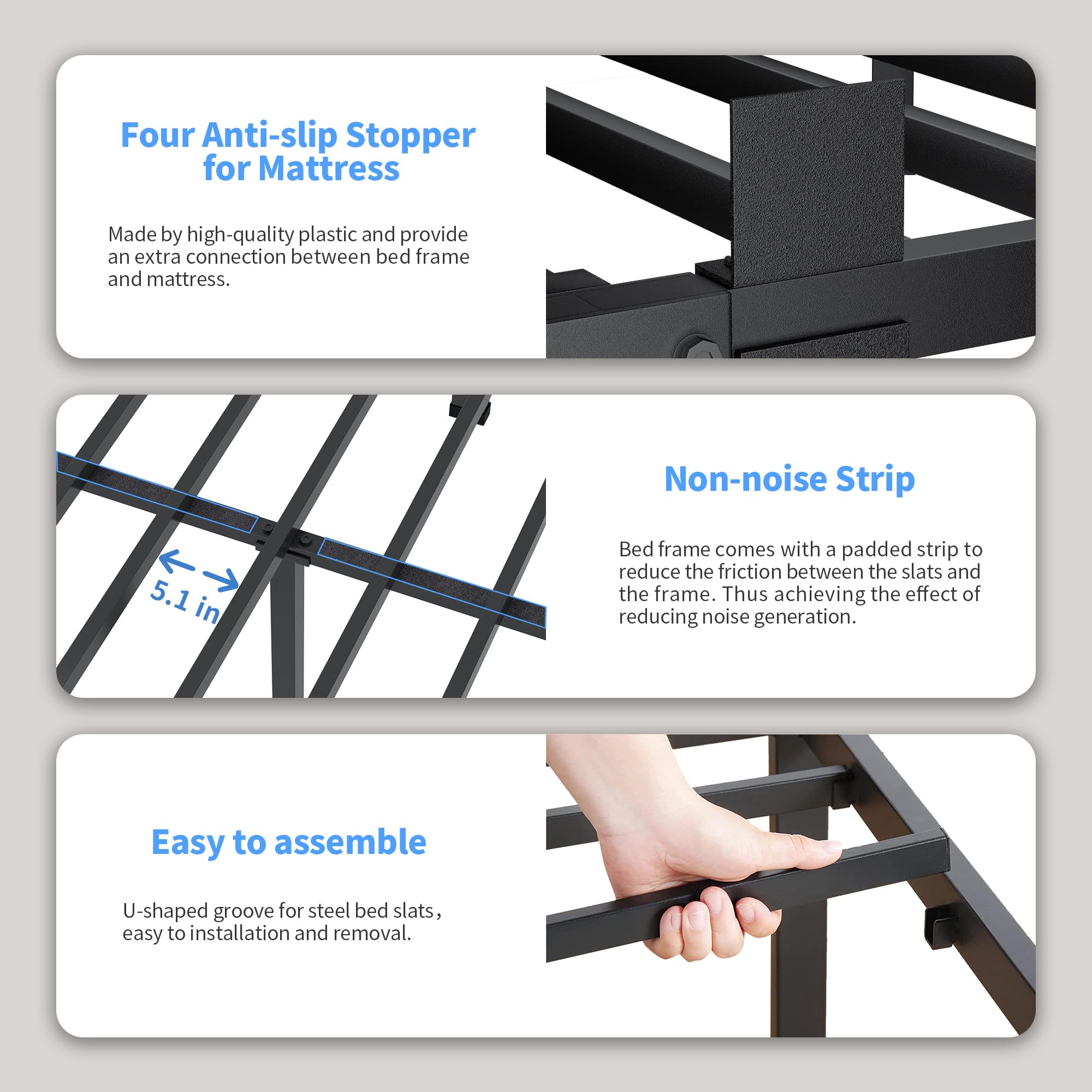 ROIL twin bed frame includes four mattress stoppers to secure foam or latex mattresses