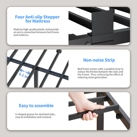 ROIL twin bed frame includes four mattress stoppers to secure foam or latex mattresses
