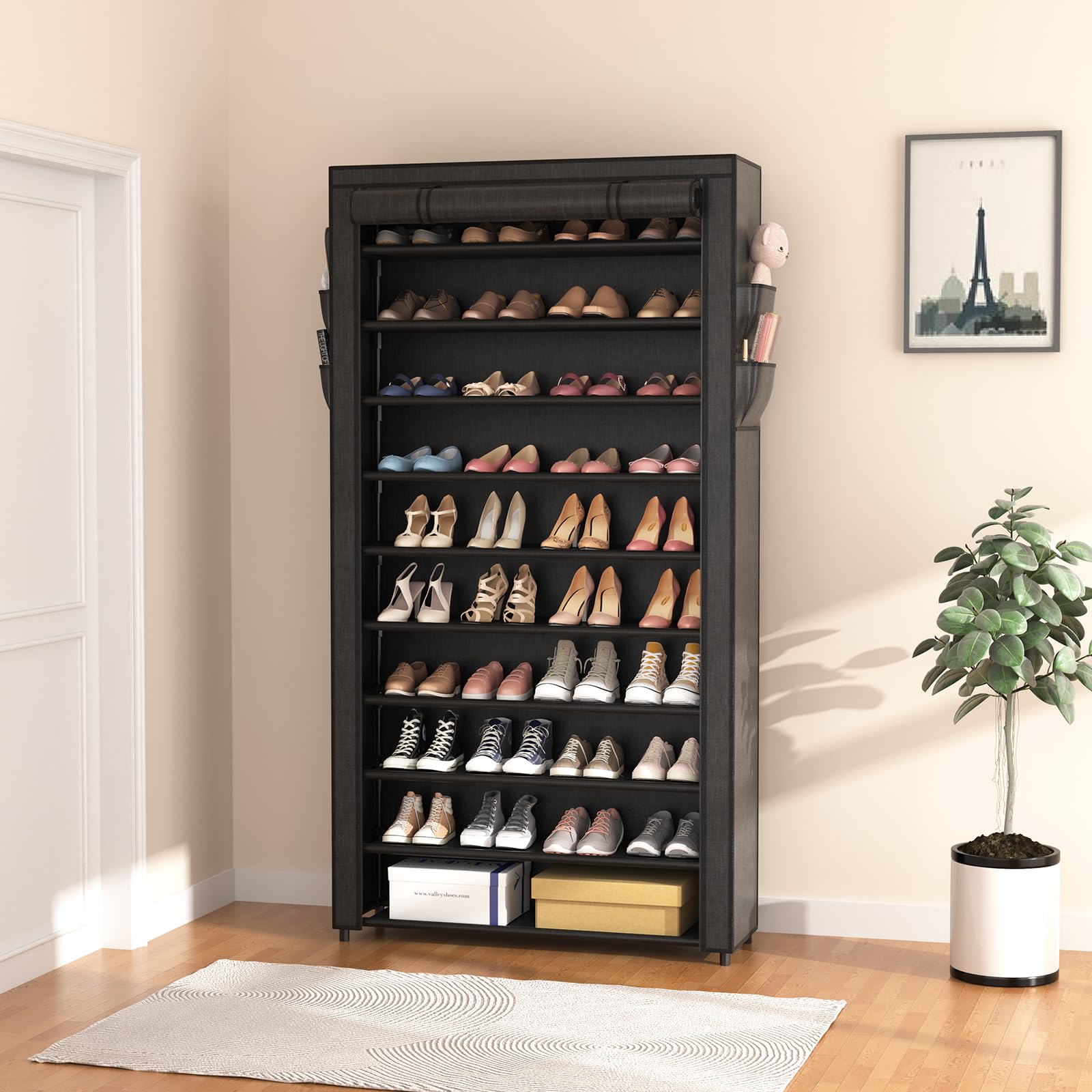 ROJASOP 10-tier shoe rack with covers close-up highlights dustproof protection.