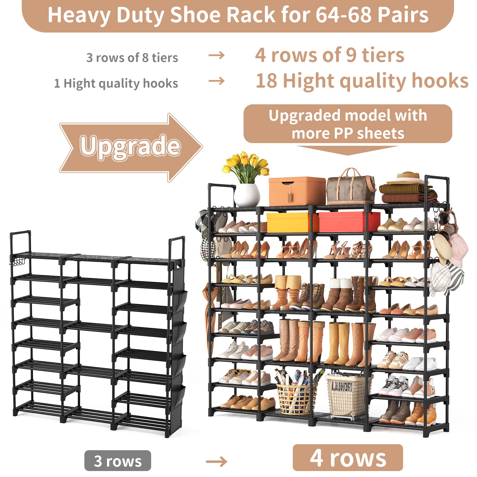 ROJASOP nine-tier shelving visible for easy assembly and tall storage