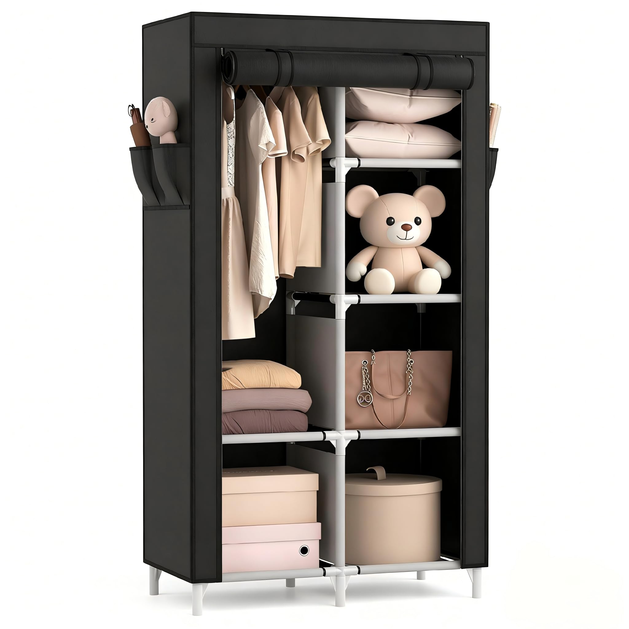 ROJASOP portable closet front view shows spacious hanging area and shelves for easy clothes organization
