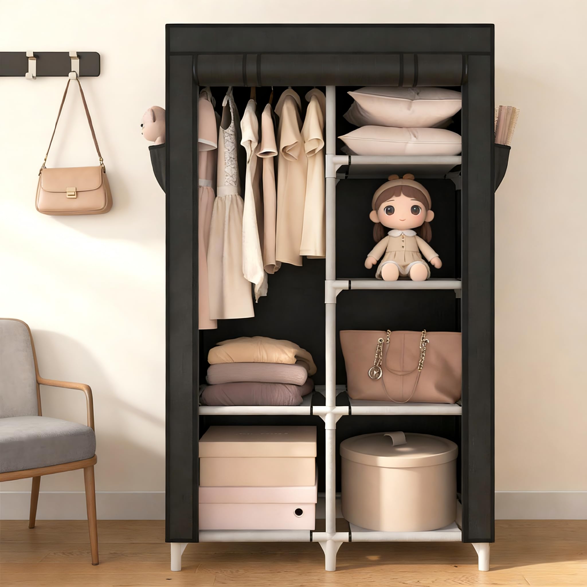 ROJASOP closet side view reveals multiple shelves for sweaters, boxes, and accessories