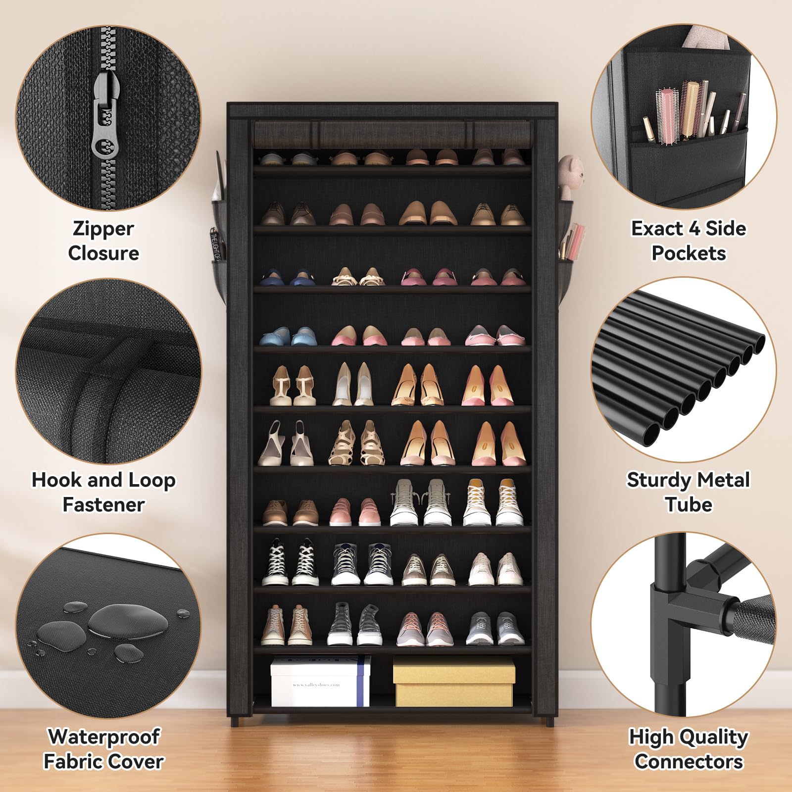 ROJASOP adjustable shelves show flexible height for boots and sneakers.