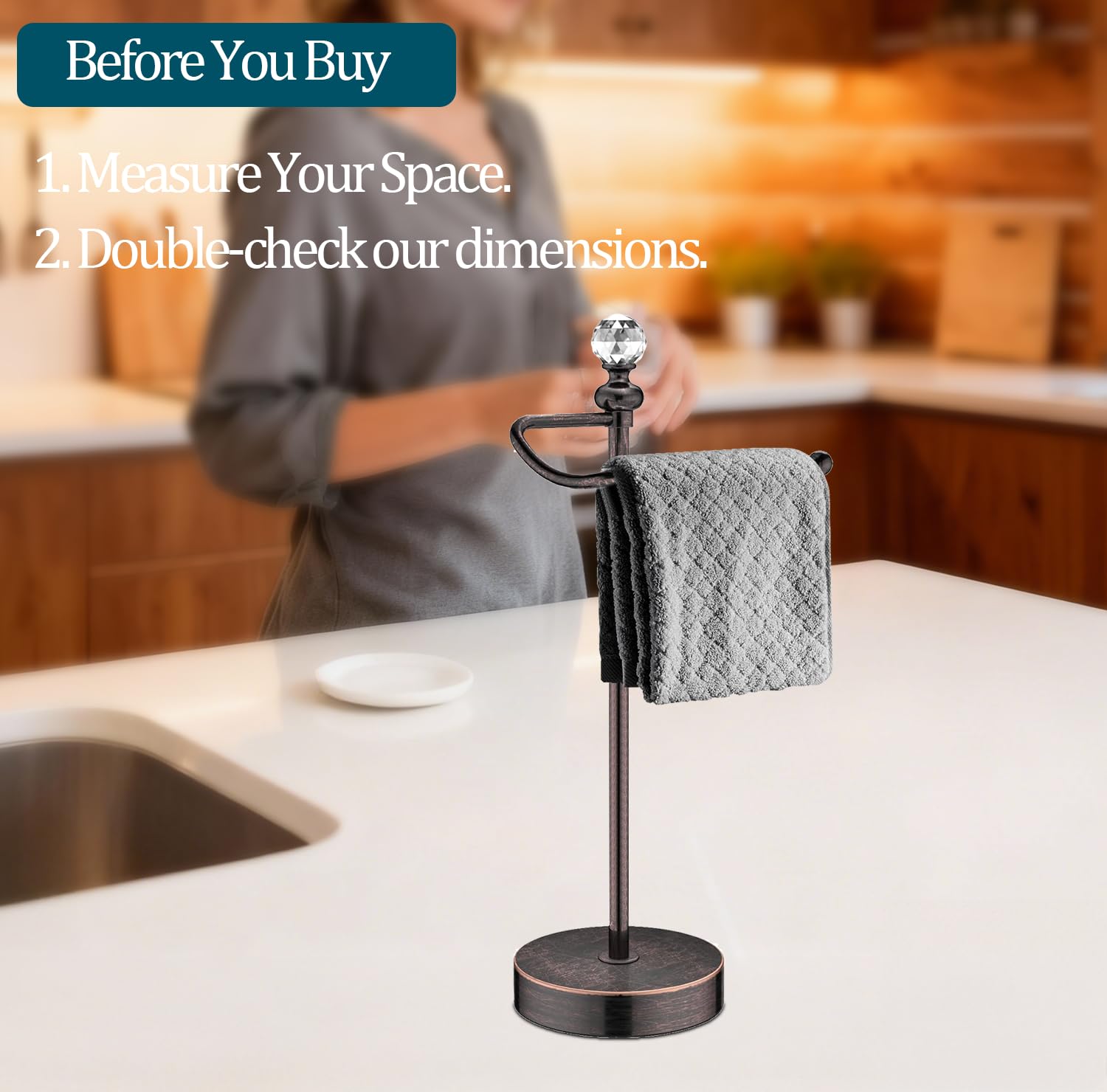 ROLABAM hand towel stand with oil rubbed bronze base provides sturdy counter support