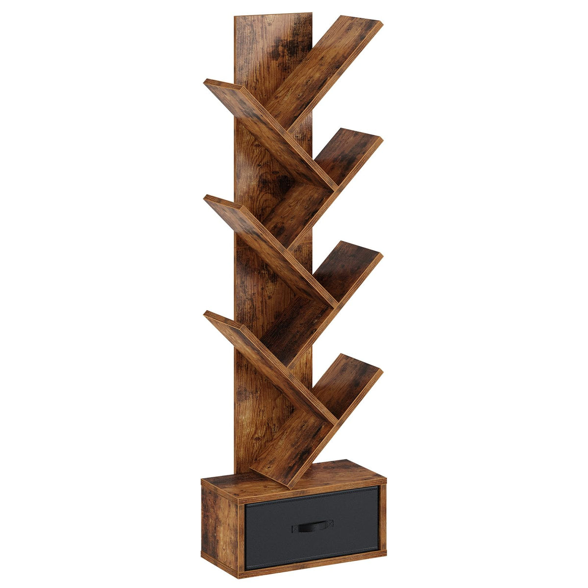 Rolanstar 7 tier tree bookshelf with drawer front view for organized storage