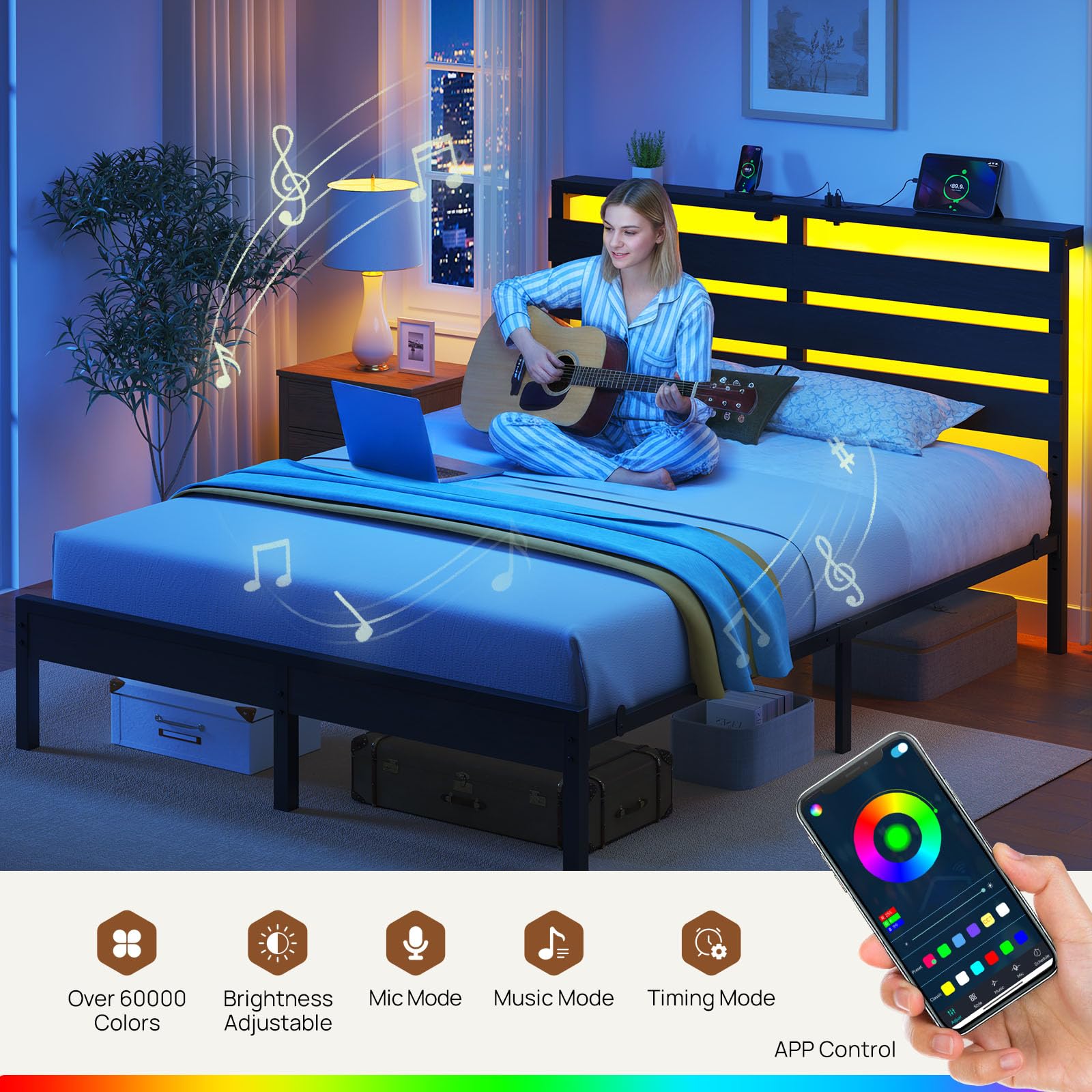 Rolanstar bed frame showing USB and Type-C charging ports for easy device charging.
