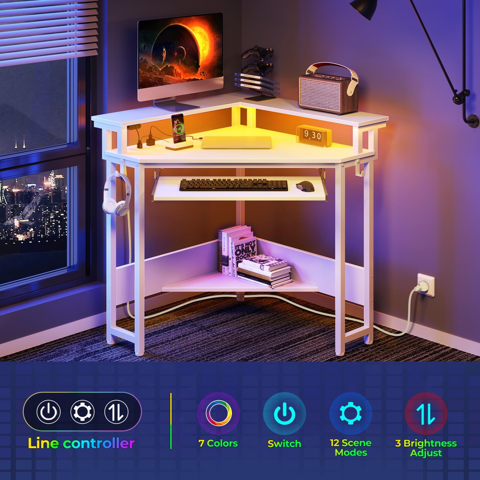 Rolanstar corner desk monitor stand supports two screens for ergonomic viewing.