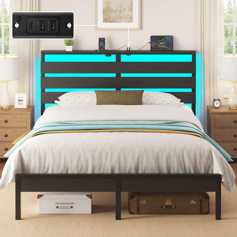 Rolanstar full-size bed frame with headboard shelves for convenient bedside storage.