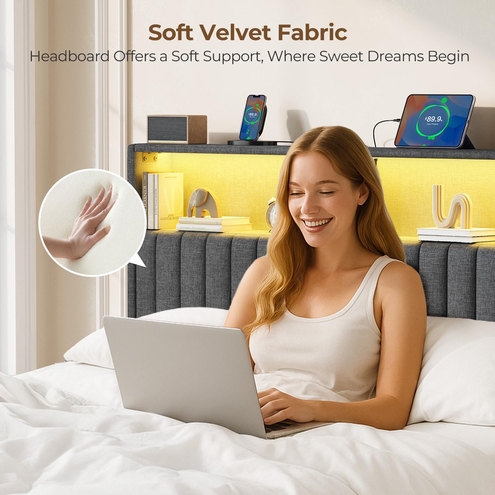 Rolanstar headboard displays two storage levels for bedside essentials.