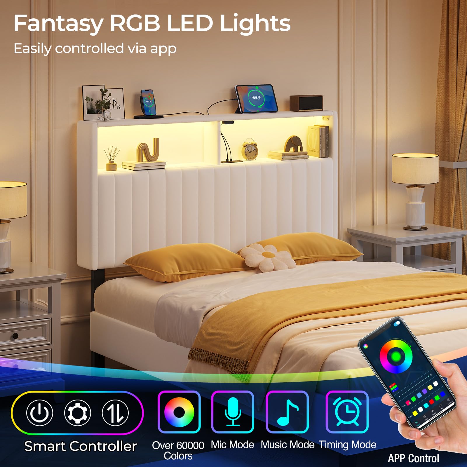Rolanstar headboard with USB-C ports for convenient on-bed charging.