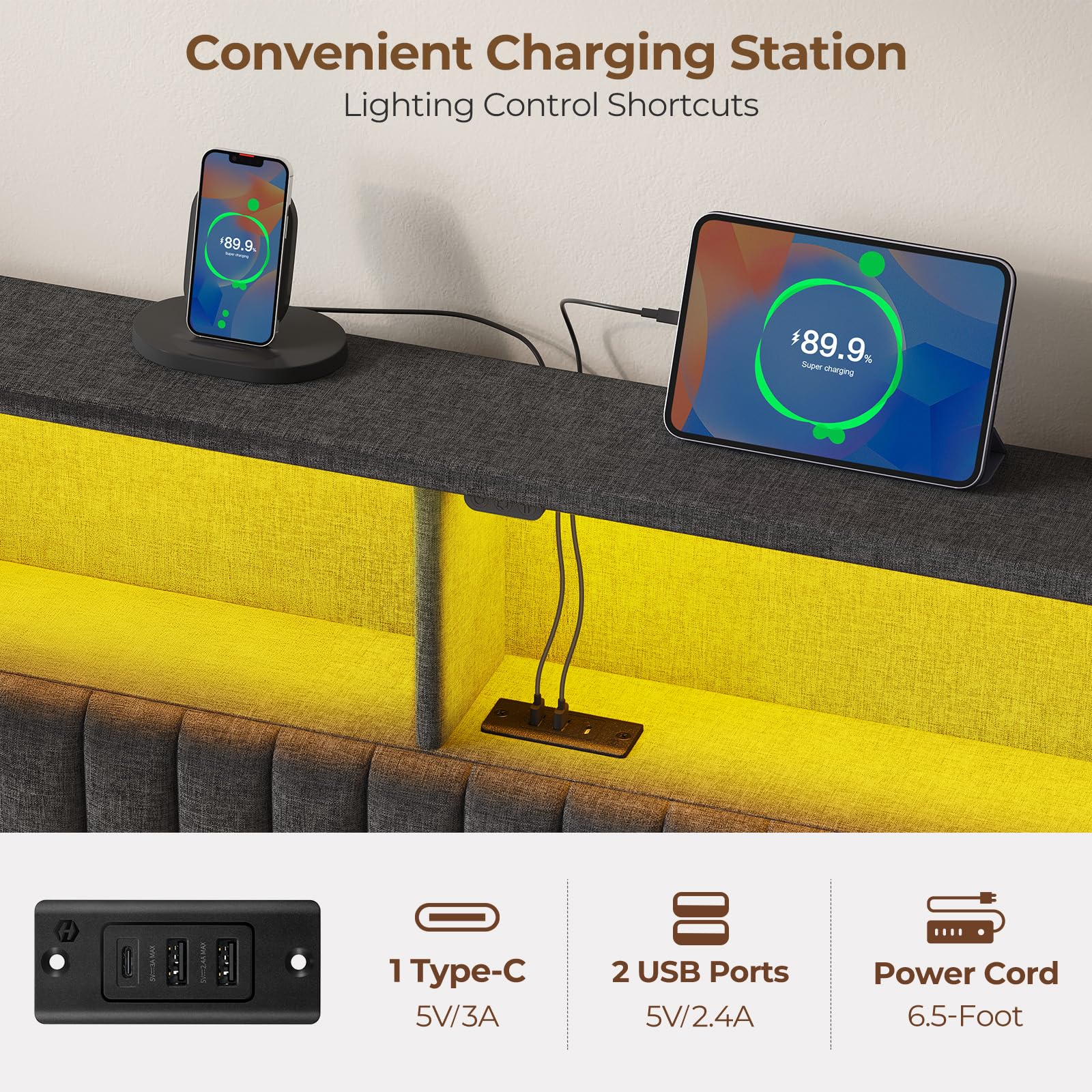 Rolanstar headboard shows USB-C port charging in bed setup.