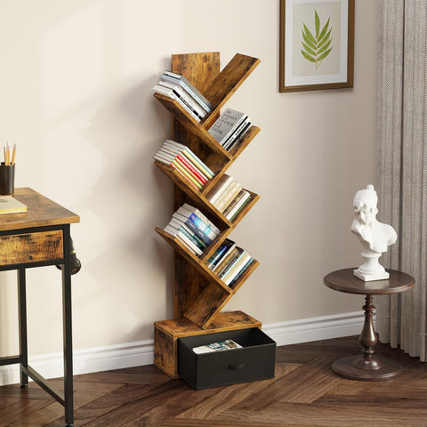 Rolanstar tree bookshelf side view showing slim footprint in small rooms