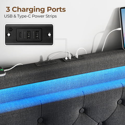 Rolanstar bed frame with three charging ports to power devices in bed.