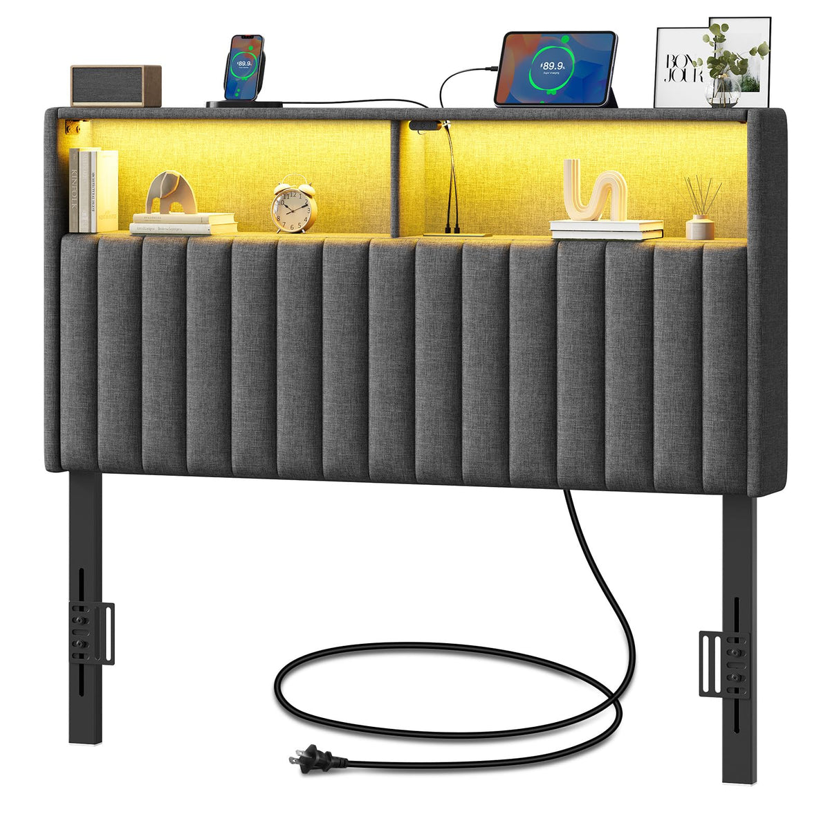 Rolanstar twin headboard with storage and USB-C ports for easy charging at night.
