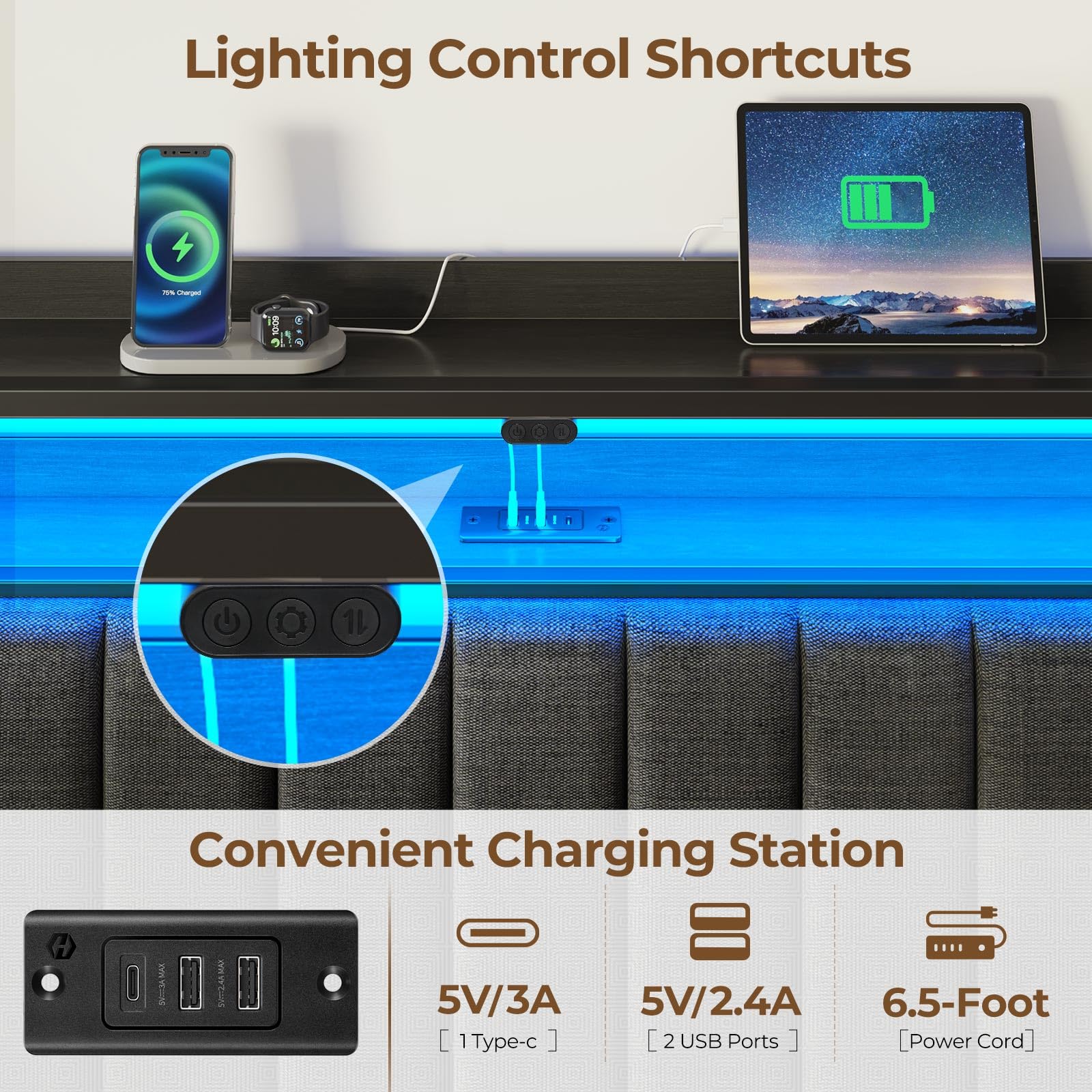 Rolanstar USB-C ports built into headboard for convenient charging
