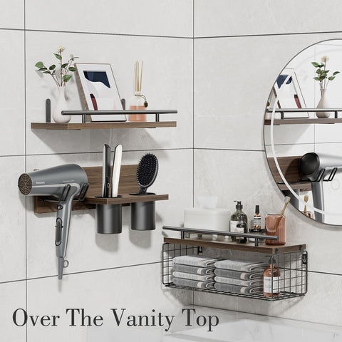 RoleDes carbonized pine shelves showcase natural grain while offering durable bathroom storage