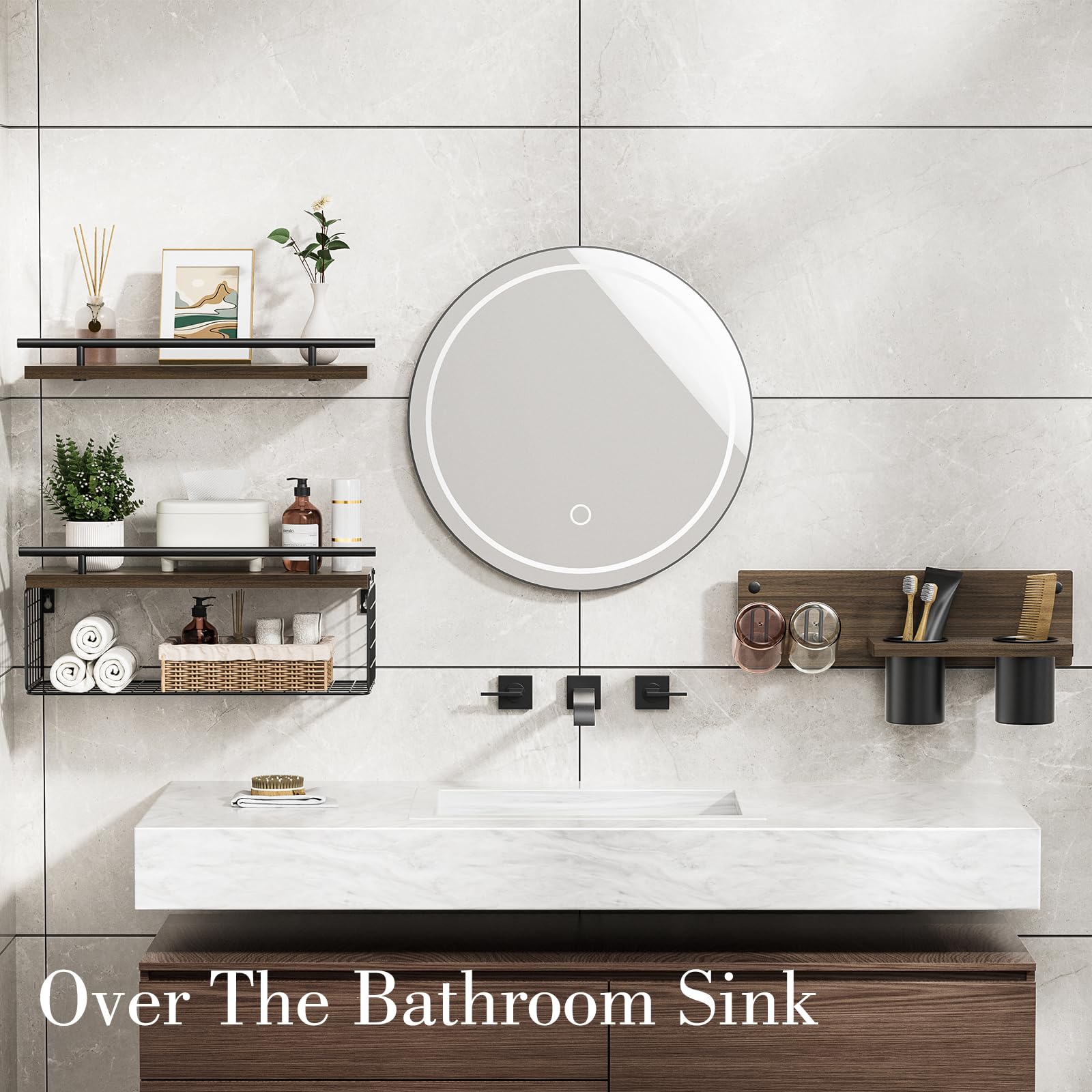 RoleDes wall-mounted wood shelves over the toilet save counter space and add rustic charm